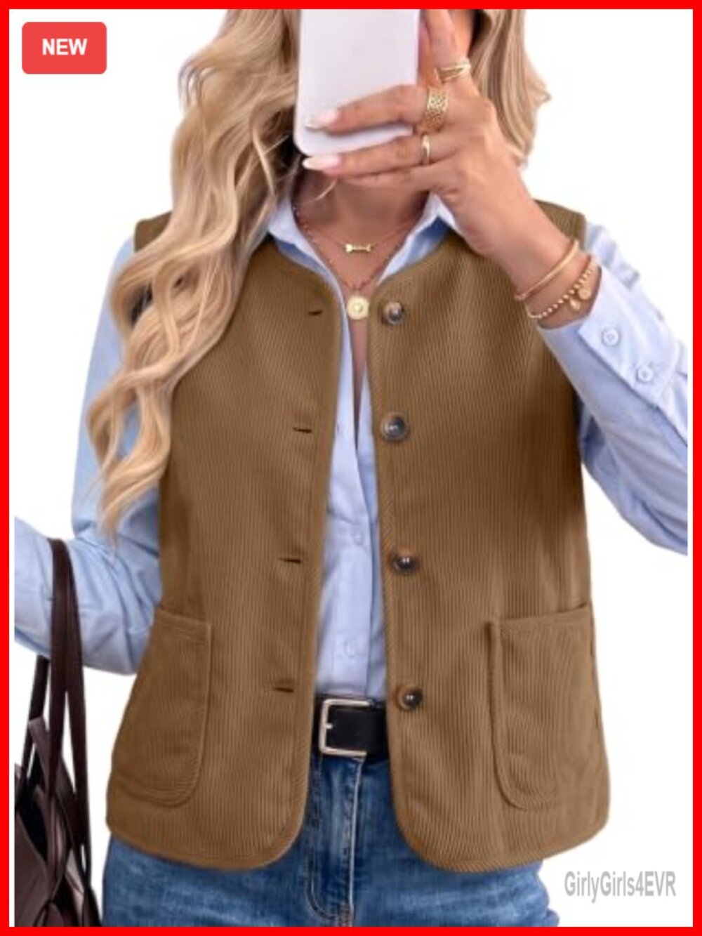 Fleece Lined Corduroy Button Up Vest Sleeveless Layering